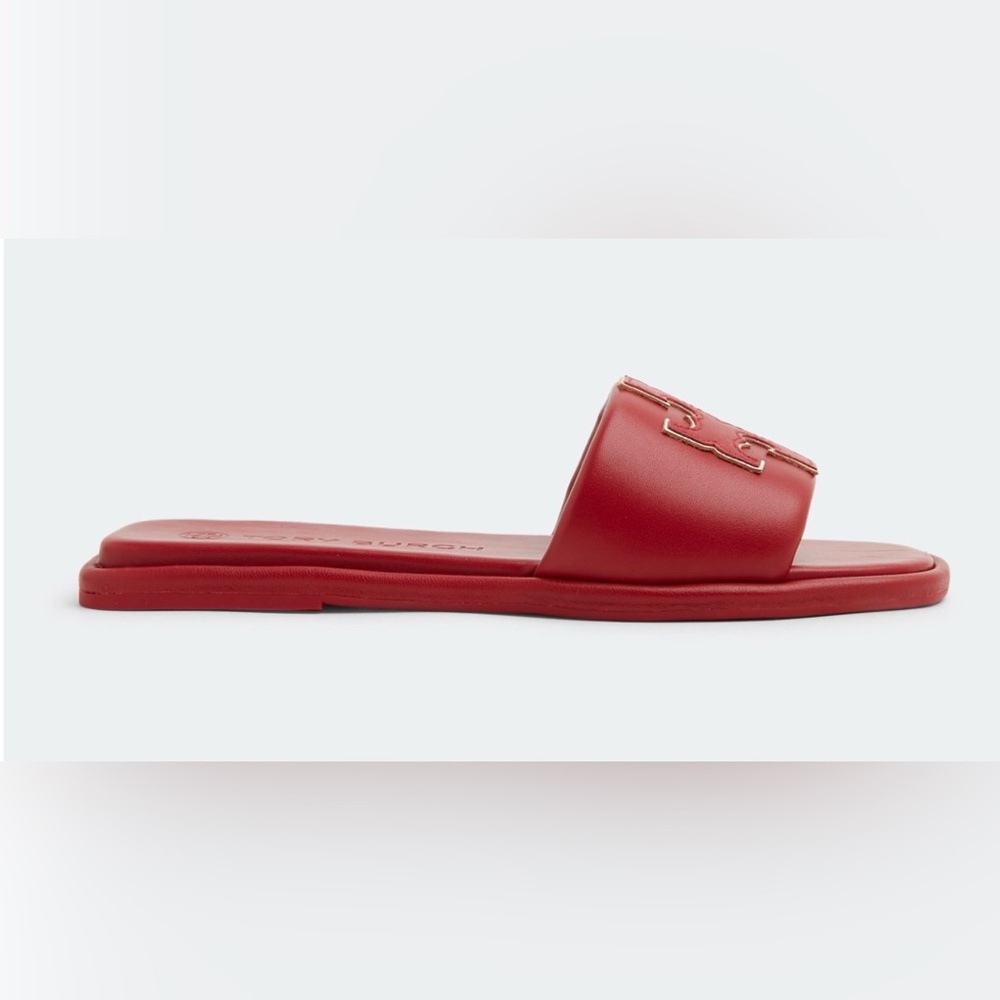 Tory Burch Red Gold Double T Logo Slide Sandals Size 6.5 - Picture 3 of 16